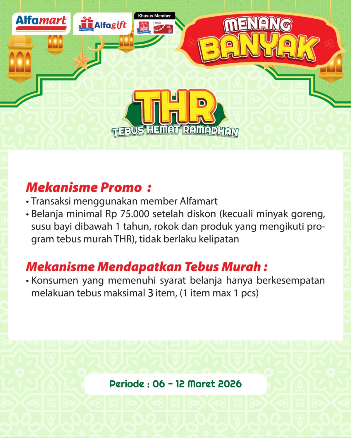 Alfamart, Promo Alfamart Hari Ini 1-15 Maret 2026, Diskon Minuman Karton Murah, Alfamart - Tebus Hemat Ramadhan, Alfamart - Diskon Minuman Kartonan Murah Tanpa Syarat, Alfamart - Tebus Hemat Coca-Cola, Sprite, Fanta 1.5L Rp 9.900, Alfamart - Diskon Hingga 40% Popok Bayi, Alfamart - Diskon Mi Instan Indofood, Alfamart - Diskon Hingga 40% untuk Personal Care Fair, Alfamart - Diskon Hingga 35% untuk Produk Home Care, Alfamart - Diskon Hingga 40% untuk Produk Baby &amp; Kids, Alfamart - Paket Ramadhan Hemat Mulai Rp 50.000