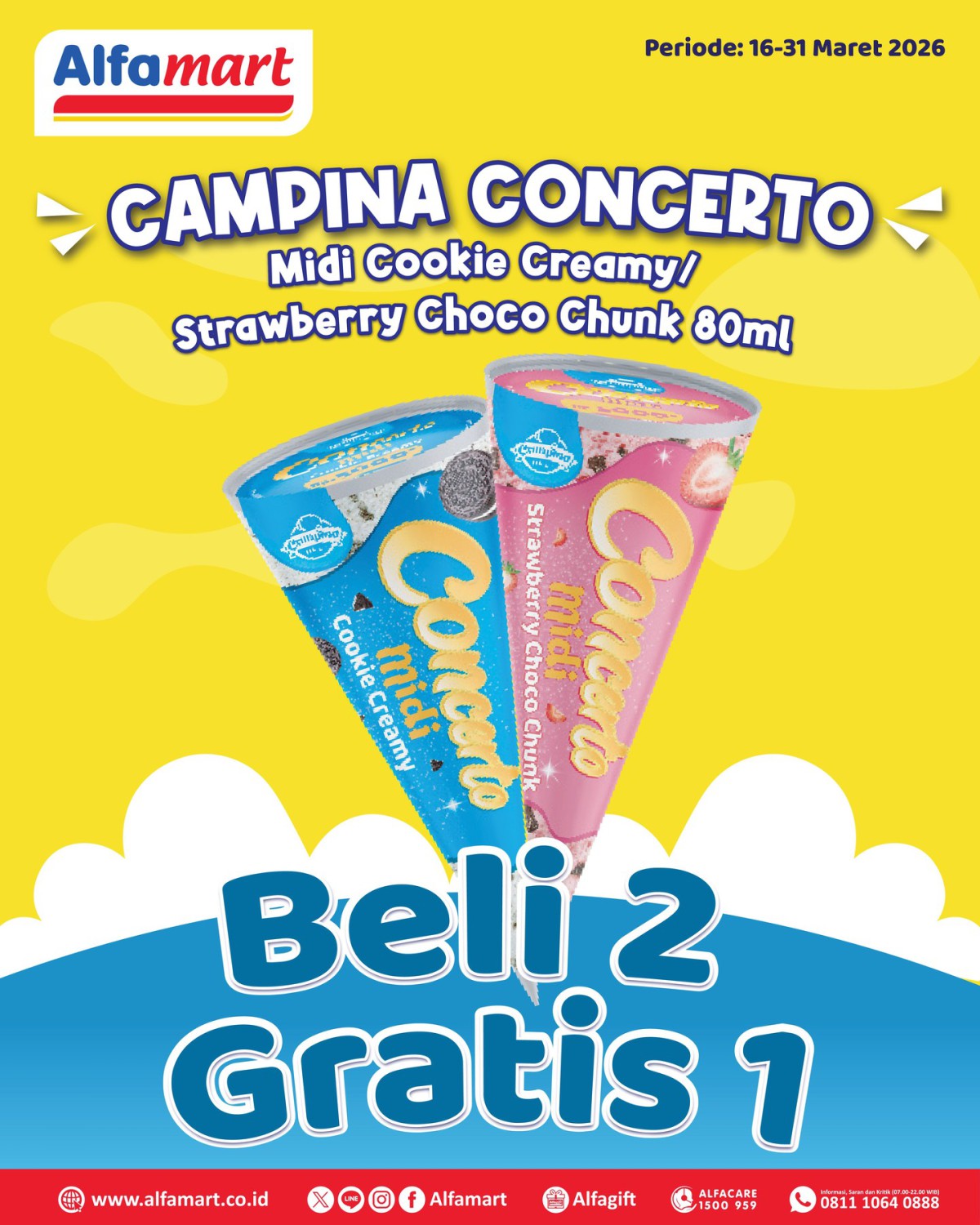 Alfamart, Promo Alfamart 16-31 Maret 2026, Diskon Minuman dan Snack untuk Mudik, Alfamart - Beli 2 Gratis 1 Campina Concerto Midi, Alfamart - Diskon hingga 26% untuk Cokelat dan Permen, Alfamart - Diskon Minuman Segar untuk Mudik Asyik, Alfamart - Diskon hingga 40% untuk Snack Mudik Asyik, Alfamart - Beli 2 Gratis 1 Minuman Sosro