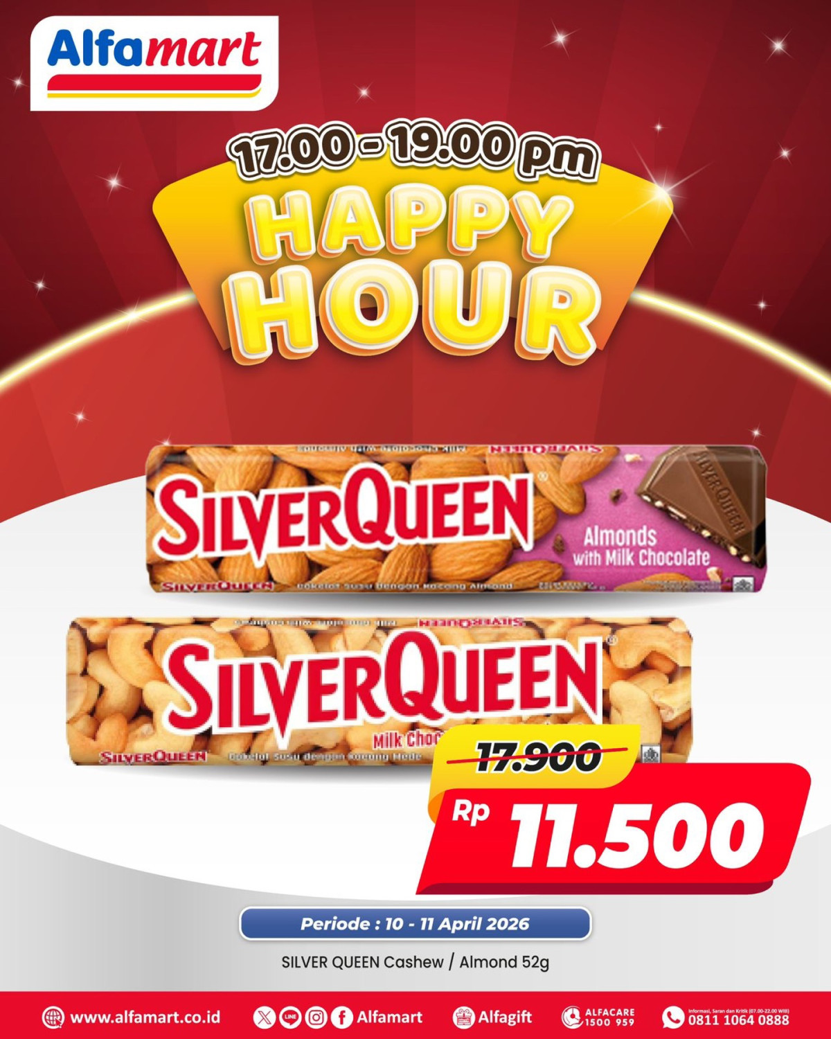 Alfamart, Promo Alfamart Hari Ini 11 April 2026, Banyak Diskon untuk Susu Cair, Mi Instan, dan Camilan, 1. Diskon SilverQueen Happy Hour, 2. Kesempatan Menangi Tiket Alfamart Run 2026, 3. Gratis Indomie atau Sosro, 4. Noodle Fair Diskon Mi Instan, 5. Diskon hingga 33 persen untuk Liquid Milk Fair, 6. Diskon Yogurt Fair, 7. Diskon Camilan Hemat, 8. Diskon Es Krim, 9. Tukar Poin Hello Panda