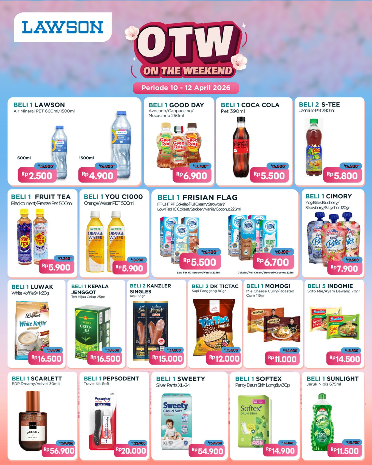 Lawson Station Indonesia, Promo Lawson Hari Ini 11 April 2026, Banyak Diskon Khusus Akhir Pekan, 1. Diskon spesial weekend, 2. Beli 1 gratis 1 berbagai produk, 3. Tambah Rp 2.000 dapat Sweet Ice Tea untuk pembelian Karaage/Paket Enachike/Deli n Co Burger Series, 4. Diskon Siomay Udang/Tteokochi jadi Rp 10.000