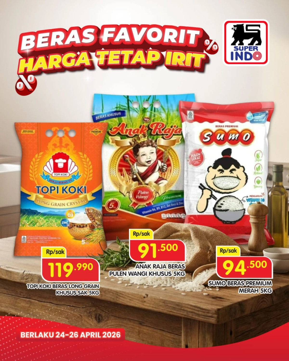 Super Indo, Promo Super Indo Hari Ini 25 April 2026, Diskon Beras Harga Irit, Diskon Beras Harga Irit, Diskon Minyak Goreng Harga Spesial, Diskon Minyak Goreng Pilihan, Diskon Daging Sapi Giling Rp 125.900 Per Box, Diskon Baso Seafood Curah, Diskon Jeruk Baby Shantang Daun, Diskon Minyak Goreng Paling Murah, Diskon Mister Potato Snack Crisps, Diskon INDOMILK SUSU UHT PLAIN, CHOCOLATE TPK 950ML, Diskon FRISIAN FLAG SUSU UHT NUTRIBRAIN, Diskon hingga 35 persen untuk produk perawatan rambut, Diskon Sambal dan Saus hingga 25 Persen, Diskon Bumbu Masakan, Diskon Fiesta Crispy Shrimp Nugget 40 Persen
