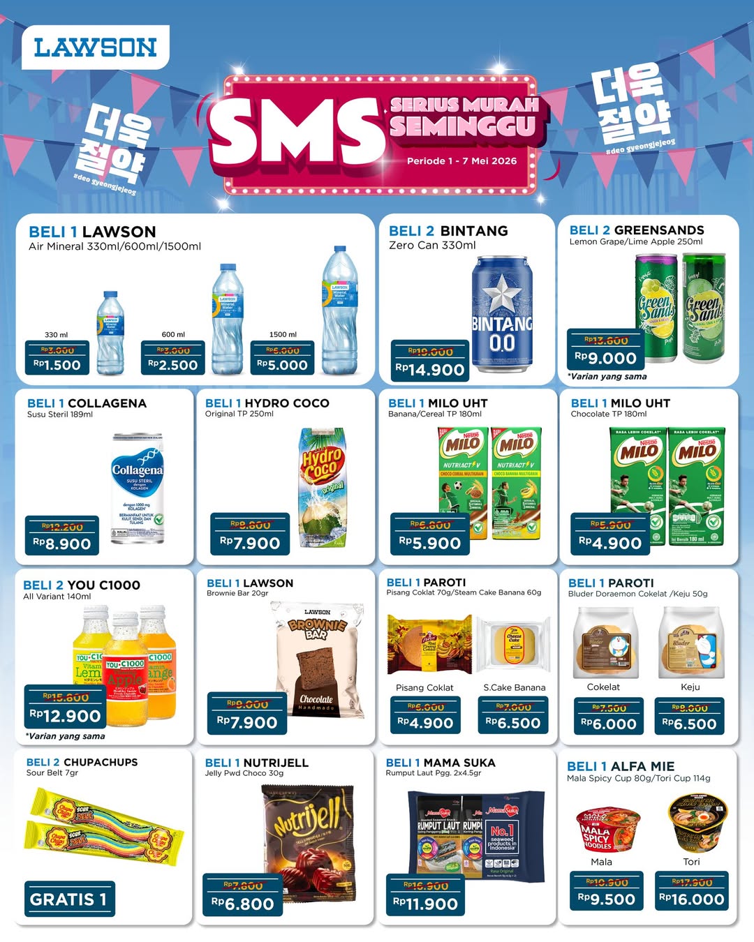 Lawson Station, Promo Lawson Hari Ini 6 Mei 2026, Serius Murah Seminggu Berbagai Produk, Serius Murah Seminggu Diskon Berbagai Produk, FRYDAY: Yakitori Smoky/Chicken Teriyaki Jumbo Rp 14.000, Diskon Spesial Makin Hemat Berbagai Menu, Diskon Ice Honey Yuzu &amp; Gimmari/Mandu