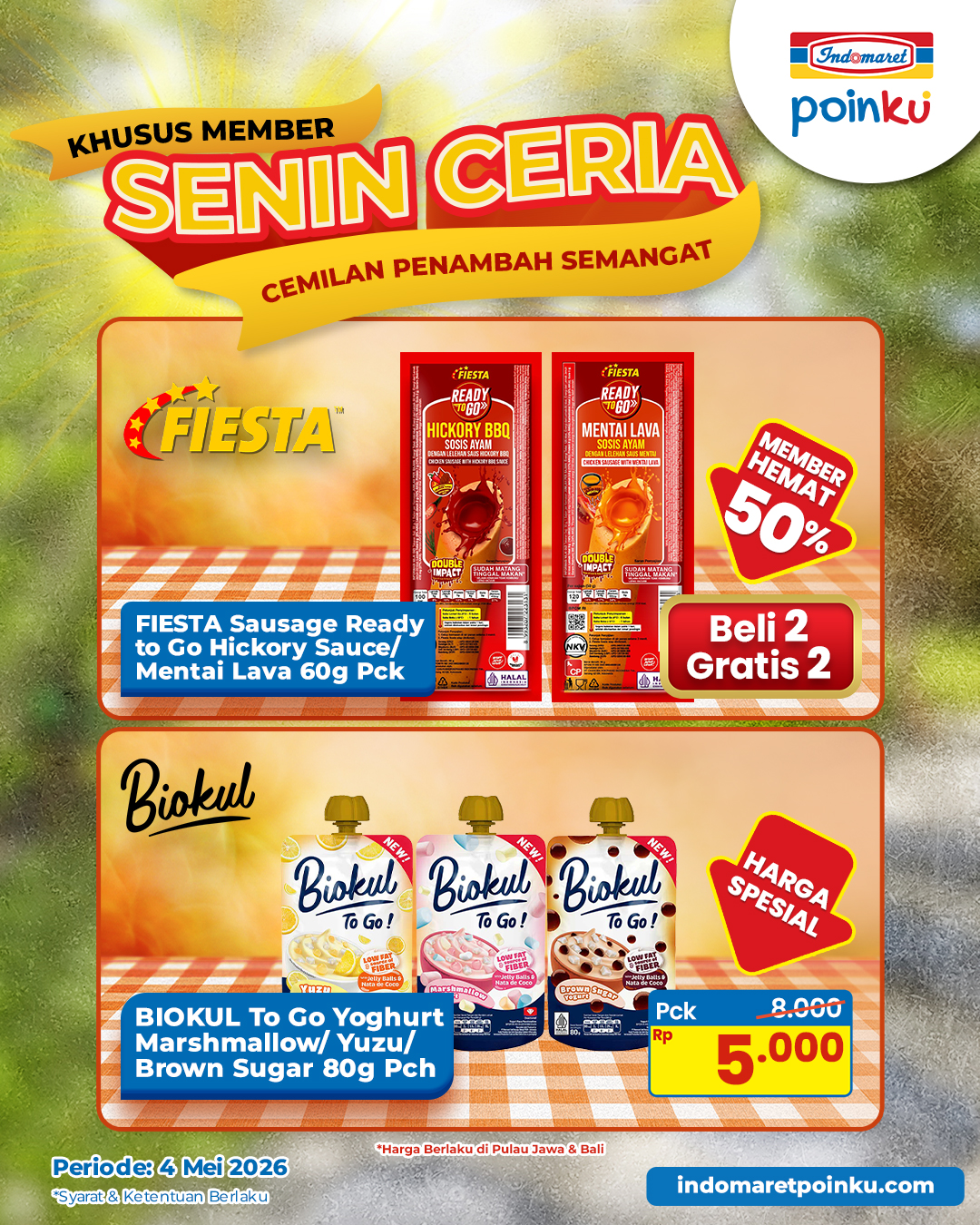 Indomaret, Promo Indomaret Hari Ini 5 Mei 2026, Tebus Murah Belanja Minimal Rp 75.000, Tebus Murah PWP (Purchase With Purchase), Diskon Kartonan, Promosi Berhadiah Beli X Gratis Y dan Hemat hingga 33 Persen, Diskon hingga 20 Persen untuk Indomie dan Sedaap Karton, Diskon hingga 30 Persen Susu dan Perlengkapan Balita, Beli 2 Gratis 1 Es Krim Pilihan