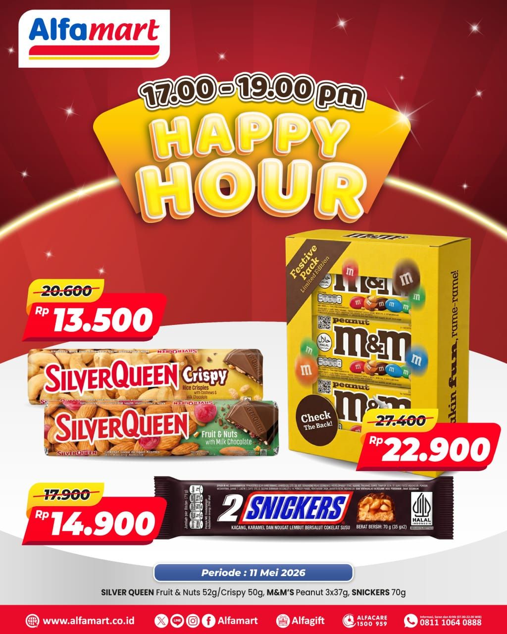 Alfamart, Promo Alfamart Hari Ini 11 Mei 2026, Diskon Cokelat Silver Queen,M&amp;M dan Snickers, Alfamart - Diskon produk cokelat pilihan Happy Hour, Alfamart - Tebus Murah Rp 2.500 untuk minuman segar, Alfamart - Diskon Hingga 50% Health Care Fair, Alfamart - Beli 2 Gratis 1 Private Label, Alfamart - Baby Foods Fair Diskon dan Beli 2 Gratis 1, Alfamart - Diskon Produk Perawatan &amp; Kecantikan, Alfamart - Diskon Biskuit Asyik &amp; Gratis Ongkir