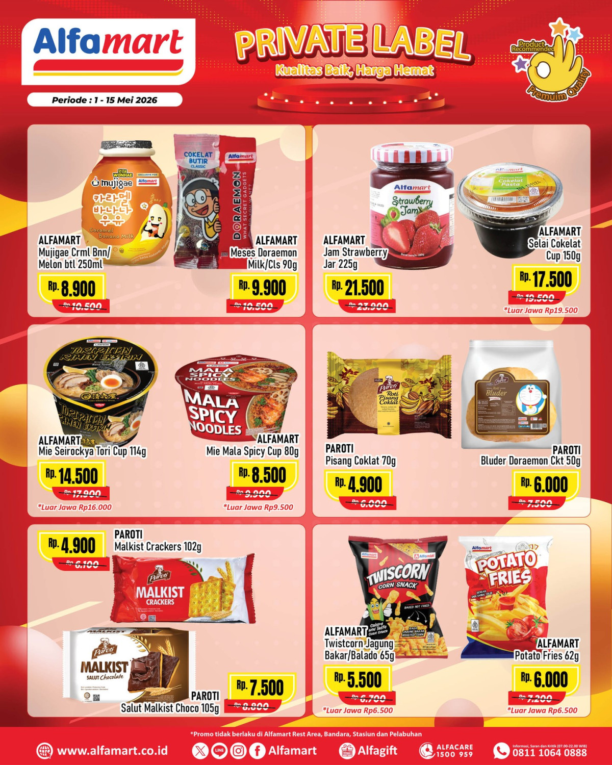 Alfamart, promo Alfamart, Diskon hingga 60 Persen, Promo Alfamart Hari Ini 13 Mei 2026, Diskon Private Label untuk Makanan dan Minuman, Promo 1: Diskon Private Label (Makanan dan Minuman Kebutuhan Rumah), Promo 2: Diskon hingga 50 Persen Health Care Fair, Promo 3: Diskon hingga 60 Persen dan Gratis Ongkir (Hemaatku), Promo 4: Promo Perawatan &amp; Kecantikan, Promo 5: Beli 2 Gratis 1 Promina (Mi Btt Ayam Kpg &amp; Yog Melts), Promo 6: Diskon hingga 40 Persen Sanitary Napkin Fair, Promo 7: Diskon hingga 45 Persen untuk Face Care, Promo 8: Bonus A-Poin Member hingga 5.000, Promo 9: Diskon Aneka Minuman di Beverages Fair