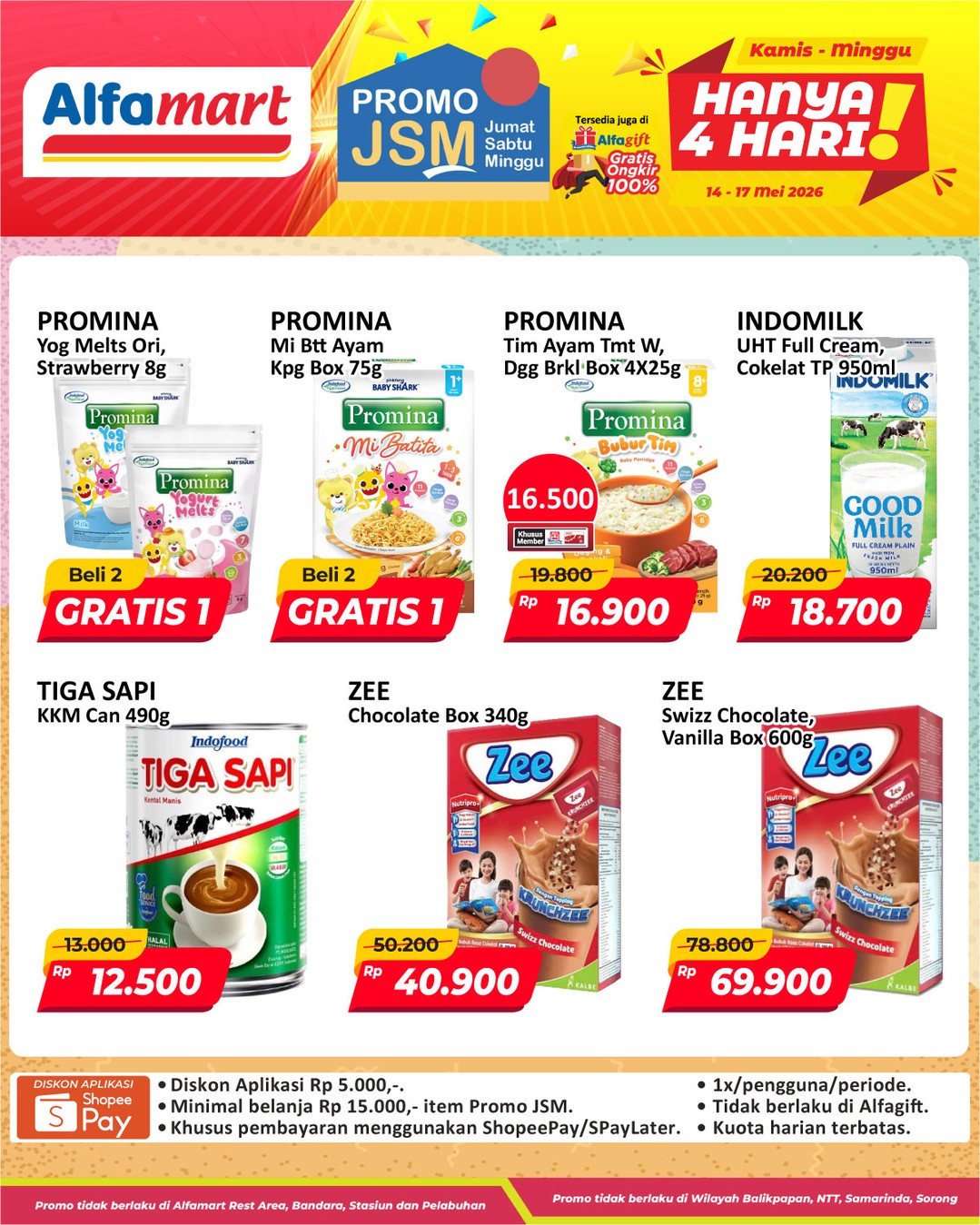 Alfamart, Promo Alfamart Hari Ini 15 Mei 2026, Diskon Jumat-Sabtu-Minggu, Promo JSM Hemat (Diskon) | 14–17 Mei 2026, Diskon JSM hingga 40% Ekstra Potongan Rp5.000 (ShopeePay) | 14–17 Mei 2026, Diskon Berbagai Produk &amp; Double A-Poin | 8–15 Mei 2026, Bonus 25.000 UniPin Credits (Free Fire) | 6–21 Mei 2026, Promo Camilan Ceban (Diskon) | 1–15 Mei 2026, Diskon Roti Pilihan (Breakfast Fair) | 1–15 Mei 2026, Diskon Kebutuhan Dapur Bunda (Anyversale Alfamart) | 1–15 Mei 2026, Diskon Produk Susu Bayi &amp; Anak (Dunia Bunda &amp; Si Kecil) | 1–15 Mei 2026, Diskon hingga 60% (Tebus Suka-Suka) | 1–15 Mei 2026, Cashback hingga Rp15.000 untuk Susu Hebat | 16 April–31 Mei 2026