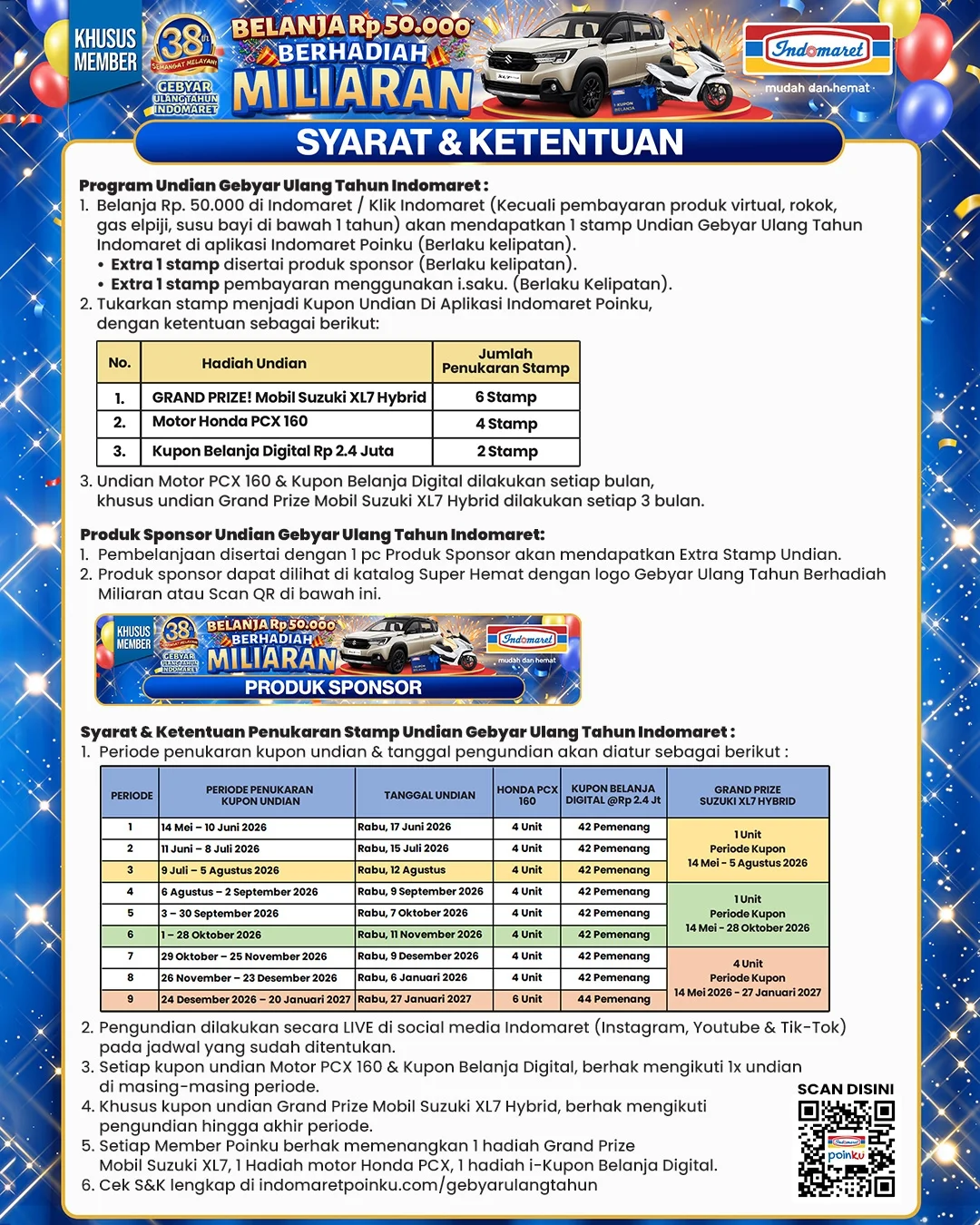 Indomaret, Gebyar Ulang Tahun Indomaret, Promo Indomaret Hari Ini 15 Mei 2026, Kumpulkan Stamp untuk Undian Hadiah, Gebyar Ulang Tahun Berhadiah Miliaran (Stamp Berhadiah), Super Hemat Kebutuhan Pribadi dan Rumah (Harga Spesial), Diskon Pouch Kosmetik Rp29.900, Kumpulkan Stamp Free Fire, Dapatkan Merchandise dan Gadget