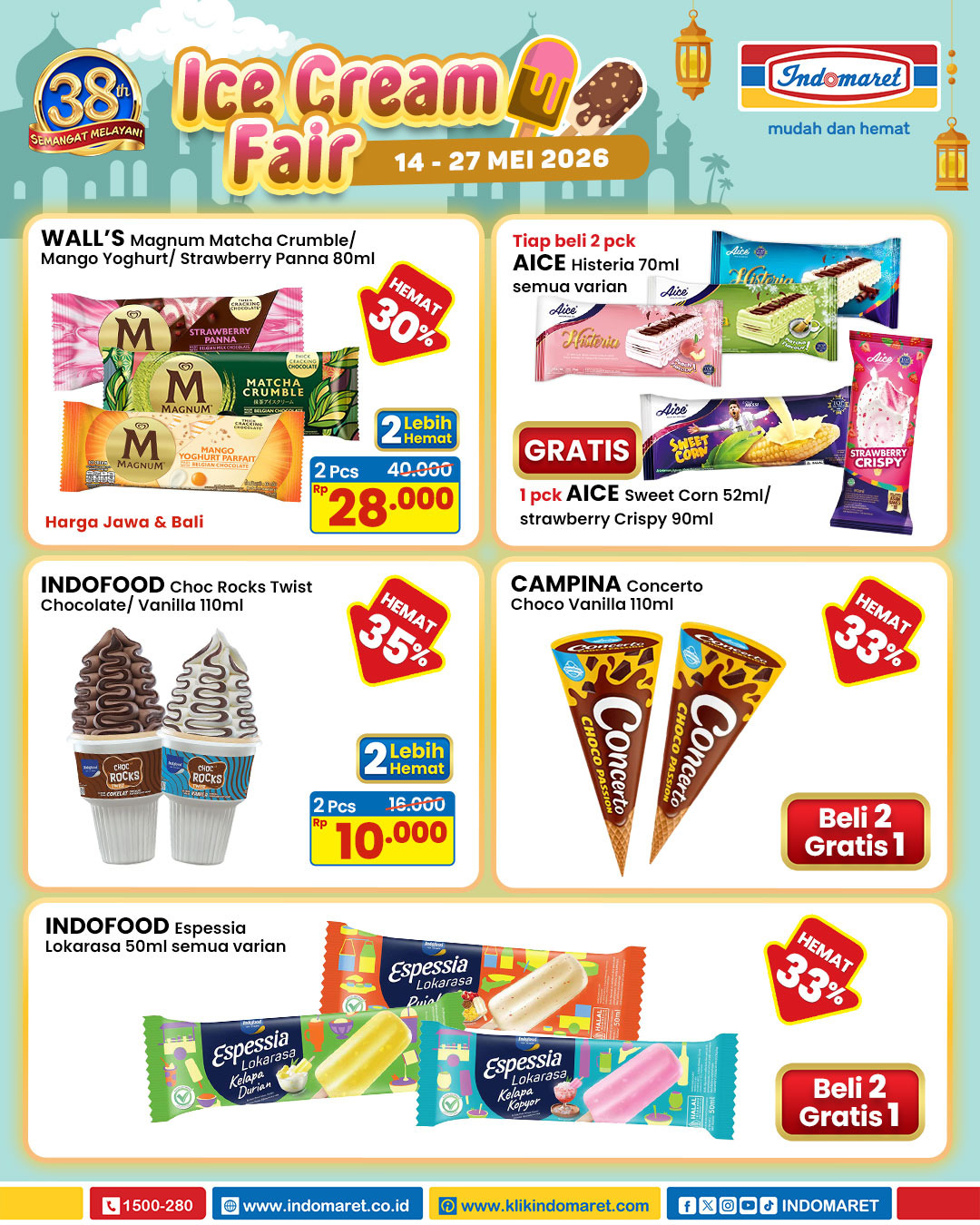 Indomaret, Promo Indomaret Hari Ini 16 Mei 2026, Ice Cream Fair Hemat 30 Persen, 1) Diskon WALL'S Magnum Ice Cream Fair (Matcha Crumble / Mango Yoghurt / Strawberry Panna), 2) Diskon Snack Fair Makanan dan Minuman (Super Hemat), 3) Diskon Produk Private Label dan Kebutuhan Lain (Super Hemat), 4) Diskon Paling Murah (14–20 Mei 2026), 5) Diskon hingga 40 persen (Hemat Minggu Ini: 14–20 Mei 2026), 6) Tebus Murah PWP (Purchase With Purchase), 7) Diskon Air Mineral Karton Khusus Member, 8) Diskon Susu dan Perlengkapan Balita, 9) Diskon Kartonan Mie Instant, 10) Promo 4 Hari Diskon Berbagai Produk (14–17 Mei 2026), 11) Harga Khusus Member (Scan QR member), 12) Beli 2 Pop Mie Gratis 1 Indomie Mie Goreng Plus Spesial, 13) Tebus Heboh Mulai Rp 5.000, Tambahan: Promo 4 Hari Diskon Berbagai Produk (ringkasan) dan promo pembayaran