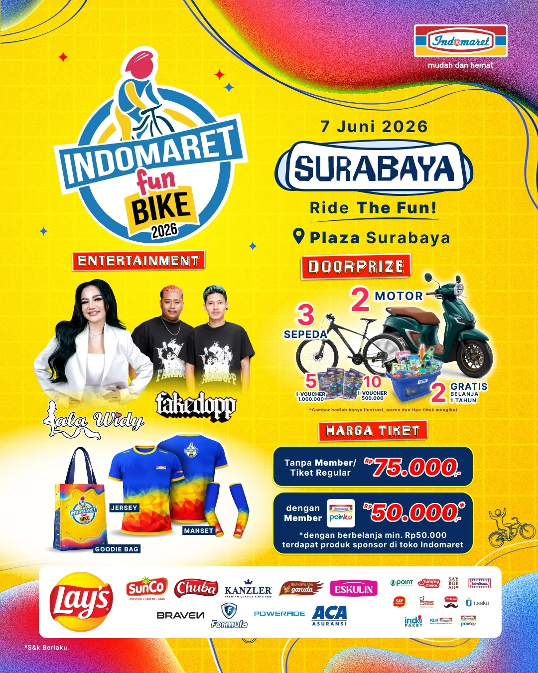 Indomaret, Promo Indomaret Hari Ini 20 Mei 2026, Diskon Tiket Fun Bike 2026, Promo 1: Diskon Tiket Indomaret Fun Bike 2026 Surabaya (khusus Member Poinku), Promo 2: Diskon Super Hemat Kebutuhan Pribadi &amp; Rumah, Promo 3: Gebyar Ulang Tahun Berhadiah Miliar (Kumpulkan Stamp), Promo 4: Kumpulkan Stamp Dapatkan World Cup Ball, Promo 5: Diskon Produk Private Label &amp; Kebutuhan Lain, Promo 6: Harga Khusus Member, Promo 7: Diskon Makanan &amp; Minuman