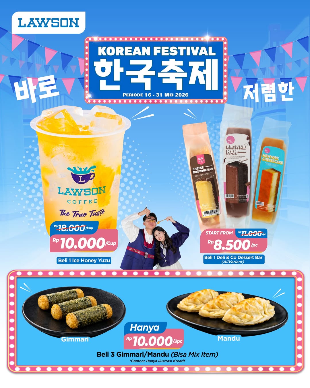 Promo Lawson Hari Ini 20 Mei 2026, Diskon Minuman dan Camilan Korean Festival, 1) Korean Festival Diskon Ice Honey Yuzu &amp; Dessert Bar, 2) Diskon Berbagai Menu Pilihan, 3) Beli Paket Kyoto/Kyoto Karai Gratis Bakso, 4) Diskon Upgrade Large Size Kopi Susu ABG/Ice Arabica Gayo