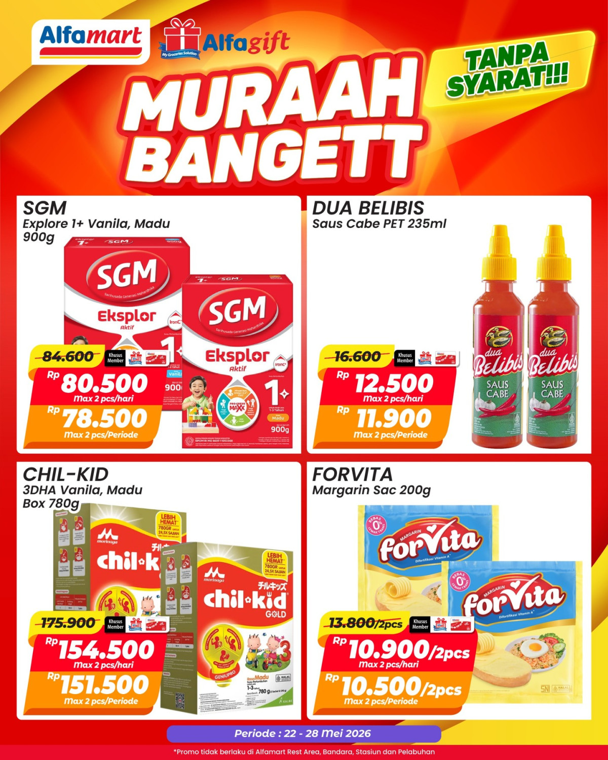 promo Alfamart, Alfamart, Diskon hingga 50 Persen, Beli 1 Gratis 1, Promo Alfamart Hari Ini 25 Mei 2026, Diskon Produk Pilihan Member, Diskon Produk Pilihan Member (Makanan Minuman), Diskon hingga 50 Persen untuk Camilan Hemat (Makanan Minuman), Diskon hingga 33 Persen Liquid Milk Fair (Makanan Minuman), Beli 2 Gratis 1 Promina (Baby Foods Fair), Diskon Noodle Fair (Makanan Minuman), Diskon Diapers Fair (Khusus Member, Wilayah Terbatas), Diskon Kebutuhan Dapur Idul Adha, Diskon Ice Cream Carnaval, Promo JSM UniPin Gratis Minuman &amp; Bonus UniPin Credits