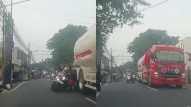 Ngeri! Detik-detik 2 Pemotor Hampir Terlindas Truk Pertamina di Jagakarsa