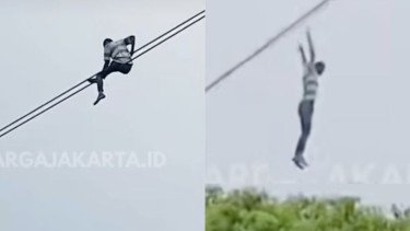 Pria Nekat Bergelantungan di Kabel Listrik Gatsu, Alasannya Bikin Geleng-geleng