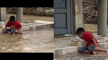 Bikin Nangis, Viral Video Anak Kecil Makan Lahap di Tengah Banjir Setelah 7 Hari Kelaparan