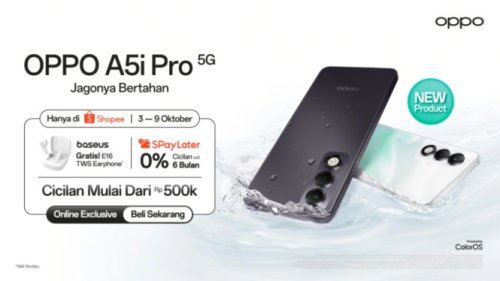 Tahan Cuaca dan Debu dengan Sertifikasi IP65, Baterai 6000mAh dan Pengisian Cepat SUPERVOOC, Layar 120Hz dan Performa Dimensity 6300, Promo Eksklusif di Shopee, OPPO A5i Pro 5G Tahan Segala Cuaca, Baterai 6000mAh Cuma Rp3 Jutaan di Shopee!