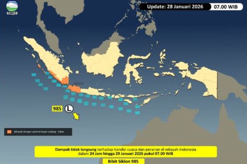 BMKG Pantau Bibit Siklon Tropis 98S di Selatan Banten, Waspada Hujan Lebat dan Gelombang Tinggi