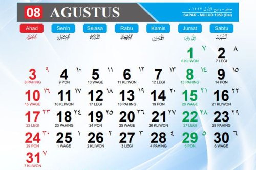 Kalender Jawa Agustus 2025 Lengkap dengan Weton, Neptu, Tanggal Merah, dan Penanggalan Hijriyah
