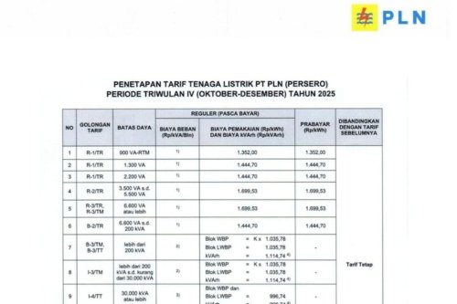 Tarif Listrik 22-28 Desember 2025 untuk Semua Golongan Pelanggan PLN, Berikut Rinciannya