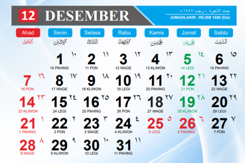 Kalender Jawa Desember 2025 Lengkap dengan Weton dan Pasaran, Kapan Malam Jumat Kliwon?