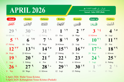Kalender Jawa April 2026 Lengkap, Cek Weton, Neptu, dan Pasaran