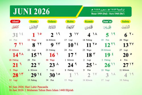 Kalender Juni 2026 Punya Libur Panjang, Ini Daftar Tanggal Merah dan Hari Penting