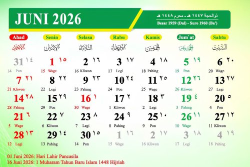 Kalender Juni 2026: Daftar Lengkap 6 Tanggal Merah dalam Sebulan
