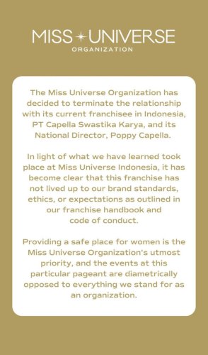 Miss Universe Organization Cabut Lisensi Indonesia Imbas Kasus Pelecehan Seks