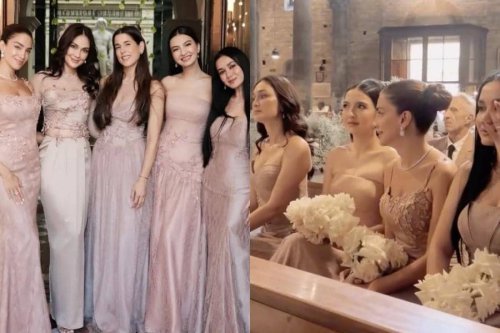 1. Raline Shah dan Luna Maya diundang menjadi bridesmaids di acara nikahan sang sahabat, Millane Fernandez, yang digelar di Florence, Italia. , 2. Banyak yang salfok dengan penampilan Raline saat hadir di acara pemberkatan pernikahan. Penampilannya elegan dengan gaun dusty pink yang serasi., 3. Gaun yang dipilih Raline Shah memiliki model strapless dengan bagian bawah rok berdetail lipit dengan material lace sebagai lapisan luarnya., 4. Rambut lurusnya ditata simple, digerai dengan tatanan sleek di bagian depan yang membuat keseluruhan penampilannya tetap minimalis namun elegan., 5. Bersama bridesmaid lain, ia juga terlihat mengenakan robe warna gold berbahan lace motif floral yang dipadukan dengan slip dress yang senada., Gaya Raline Shah Jadi Bridesmaid di Pernikahan Millane Fernandez