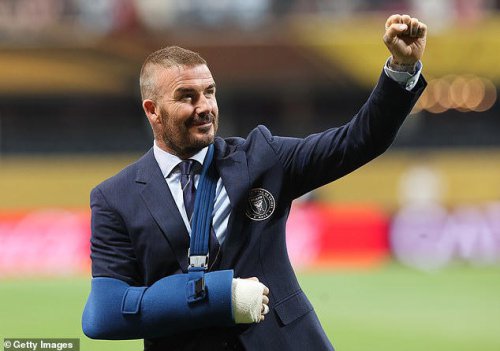 David Beckham pictured for first time in cast after being hospitalised with 'unbearable' pain