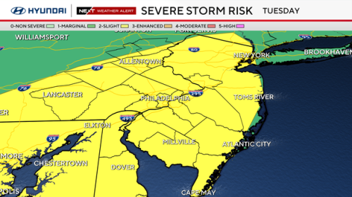 Severe storms Tuesday in Philadelphia region to bring heavy rain, gusty winds. Here's the weather forecast.