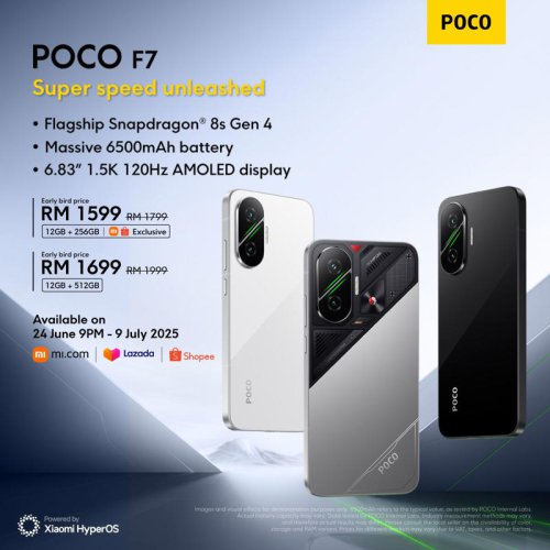 Poco F7: Snapdragon 8s Gen 4, 6.83&Prime; 120Hz AMOLED and 6,500mAh battery, available from RM1,599