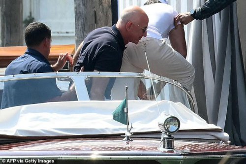 Jeff Bezos and Lauren Sanchez are pictured arriving at Venice ahead of $20million wedding