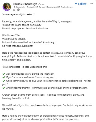 Noida HR's post on candidate resigning on day 1 sparks debate on work culture