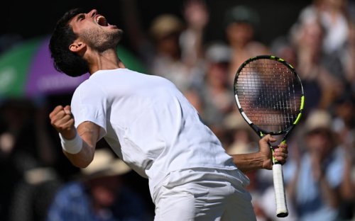 04:44 PM BST, Alcaraz reacts, 04:39 PM BST, Irresistible Alcaraz, 04:33 PM BST, Watch: How Alcaraz reached the men&rsquo;s final, 04:28 PM BST, Alcaraz 6-4, 5-7, 6-3, 7-6 (8-6) Fritz - TIE-BREAK, 04:26 PM BST, Alcaraz 6-4, 5-7, 6-3, 6-6 (6-6) Fritz - TIE-BREAK, 04:22 PM BST, Alcaraz 6-4, 5-7, 6-3, 6-6 (4-2) Fritz - TIE-BREAK, 04:18 PM BST, Alcaraz 6-4, 5-7, 6-3, 6-6 Fritz*, 04:15 PM BST, Alcaraz* 6-4, 5-7, 6-3, 6-5 Fritz, 04:10 PM BST, Alcaraz 6-4, 5-7, 6-3, 5-5 Fritz*, 04:08 PM BST, Alcaraz* 6-4, 5-7, 6-3, 5-4 Fritz, 04:05 PM BST, Alcaraz 6-4, 5-7, 6-3, 4-4 Fritz*, 04:02 PM BST, Alcaraz* 6-4, 5-7, 6-3, 4-3 Fritz, 03:59 PM BST, Alcaraz 6-4, 5-7, 6-3, 3-3 Fritz*, 03:56 PM BST, Alcaraz* 6-4, 5-7, 6-3, 3-2 Fritz, 03:53 PM BST, Alcaraz 6-4, 5-7, 6-3, 2-2 Fritz*, 03:48 PM BST, Alcaraz* 6-4, 5-7, 6-3, 2-1 Fritz, 03:46 PM BST, Alcaraz 6-4, 5-7, 6-3, 1-1 Fritz*, 03:42 PM BST, Fourth set: Alcaraz* 6-4, 5-7, 6-3, 1-0 Fritz, 03:37 PM BST, Alcaraz 6-4, 5-7, 6-3 Fritz*, 03:33 PM BST, Alcaraz* 6-4, 5-7, 5-3 Fritz, 03:28 PM BST, Alcaraz 6-4, 5-7, 4-3 Fritz*, 03:26 PM BST, Alcaraz* 6-4, 5-7, 4-2 Fritz, 03:24 PM BST, Alcaraz 6-4, 5-7, 3-2 Fritz*, 03:21 PM BST, Alcaraz* 6-4, 5-7, 3-1 Fritz, 03:18 PM BST, Alcaraz 6-4, 5-7, 2-1 Fritz*, 03:15 PM BST, Alcaraz* 6-4, 5-7, 1-1 Fritz, 03:14 PM BST, &lsquo;A few more empty seats on Centre Court&rsquo;, 03:13 PM BST, Third set: Alcaraz 6-4, 5-7, 0-1 Fritz*, 03:05 PM BST, &lsquo;Those on Centre Court could now be in for a thriller&rsquo;, 03:03 PM BST, Alcaraz* 6-4, 5-7 Fritz, 03:00 PM BST, Alcaraz 6-4, 5-6 Fritz*, 02:56 PM BST, Alcaraz* 6-4, 5-5 Fritz, 02:52 PM BST, Alcaraz 6-4, 4-5 Fritz*, 02:48 PM BST, Alcaraz* 6-4, 4-4 Fritz, 02:38 PM BST, Alcaraz 6-4, 3-4 Fritz*, 02:36 PM BST, Alcaraz* 6-4, 3-3 Fritz, 02:34 PM BST, Alcaraz 6-4, 2-3 Fritz*, 02:32 PM BST, &lsquo;Fritz will have to hope he gets another chance&rsquo;, 02:31 PM BST, Alcaraz* 6-4, 2-2 Fritz, 02:27 PM BST, Alcaraz 6-4, 1-2 Fritz*, 02:22 PM BST, Alcaraz* 6-4, 1-1 Fritz, 02:20 PM BST, &lsquo;Fritz did not do too much wrong&rsquo;, 02:19 PM BST, Second set: Alcaraz 6-4, 0-1 Fritz*, 02:16 PM BST, Alcaraz* 6-4 Fritz, 02:11 PM BST, Alcaraz 5-4 Fritz*, 02:08 PM BST, Alcaraz* 5-3 Fritz, 02:03 PM BST, Alcaraz 4-3 Fritz*, 02:00 PM BST, Alcaraz* 4-2 Fritz, 01:56 PM BST, Alcaraz 3-2 Fritz*, 01:51 PM BST, Alcaraz* 3-1 Fritz, 01:48 PM BST, &lsquo;If Alcaraz is at his best, it is hard to see how Fritz can find a way through&rsquo;, 01:47 PM BST, Alcaraz 2-1 Fritz*, 01:45 PM BST, Alcaraz* 2-0 Fritz, 01:43 PM BST, First set: Carlos Alcaraz 1-0 Taylor Fritz* (*denotes server), 01:38 PM BST, Here we go!, 01:27 PM BST, The tennis girlfriend and fashion queen who has taken over Wimbledon, 01:21 PM BST, Big names in the Royal Box, 01:13 PM BST, Data that shows Carlos Alcaraz is in league of his own, 01:02 PM BST, Sign up to our Telegraph Sport newsletter, 12:52 PM BST, Men&rsquo;s semi-final day, Versatile Carlos Alcaraz beats Taylor Fritz to set up titanic Wimbledon final