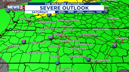 A few severe thunderstorms possible Saturday in Middle TN