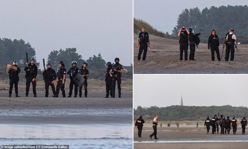 French police stand watching as boat load of migrants set off for UK