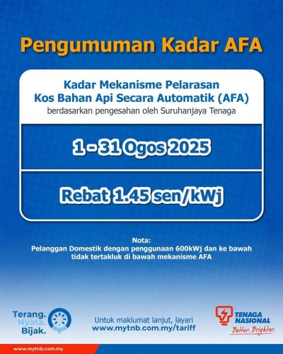 Lower TNB bills for coming months? Energy Commission declares rebates in August based on Automatic Fuel Adjustment