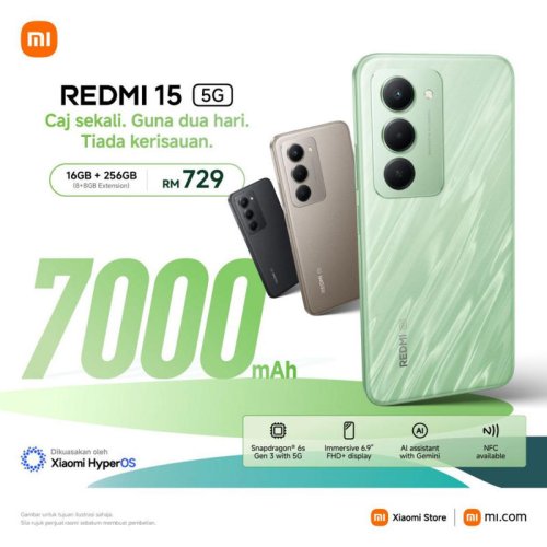 Redmi 15 5G: 6.9&Prime; 5G smartphone with Snapdragon 6s Gen 3 and huge 7,000mAh battery, priced at RM729