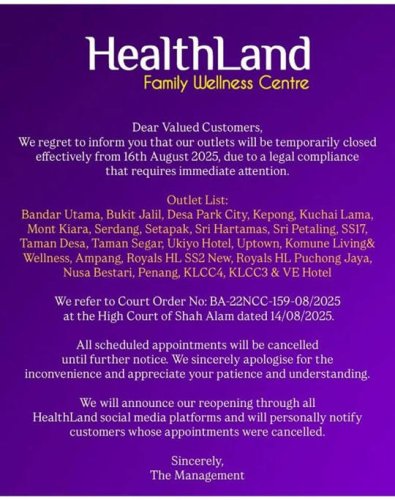 Healthland Family Wellness Centre Temporarily Closes 24 Outlets Due To Legal Compliance Issue