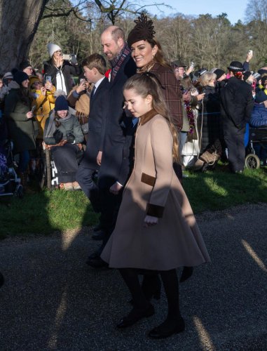 Princess Charlotte coordinates with Kate in a tan coat dress at the 2025 royal Christmas service