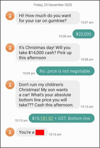 Holiday Guilt and Sob-Story Scams, Outrageous Online Haggle Requests, Playing the Sympathy Card, Freebies at Weddings, Babysitting, and Birthdays, Teaching a Lesson, Playing the Game, Water it Down, Wedding Snub, Six Strings, Zero Tact, Work for Free, Mates Rates, Dampen the Mood, How Sweet, Black Friday Disappointment, Throw the Book at Thieves, Thank You for Your Non-Service, Very Important Customer, Garage Sale Scandal, Say Yes to the Dress, Don&rsquo;t Bite the Hand That Feeds You, Free Tickets?, What a Car Crash, Shape Up, When the Math Aint Mathing, All Vets Are Off, Driving Us Crazy, Daylight Robbery, Practically Perfect in Every Way, Birthday Present Backlash, A Big Ask, The Sausage Thief, Broken Record, No Good Deed Goes Unpunished, Dine and Dash, Points Were Made, Game On, Penny-Pinching Prenuptials, Clean Up Your Manners, Wife Material, True Bully, Think of the Children, Take It or Leave It, Hard Luck Tale, The Rich Get Richer, Teen Discount, Birthday Wishes, Pizza Party, Tinder Fail, Birthday Boldness, Trick or Treat?, Looking Back at It All, Why People Push For Discounts, When Asking Crosses The Line, How Sellers Can Handle It, Parting Thought: Be Human, Entitled customers and their ridiculous discount demands