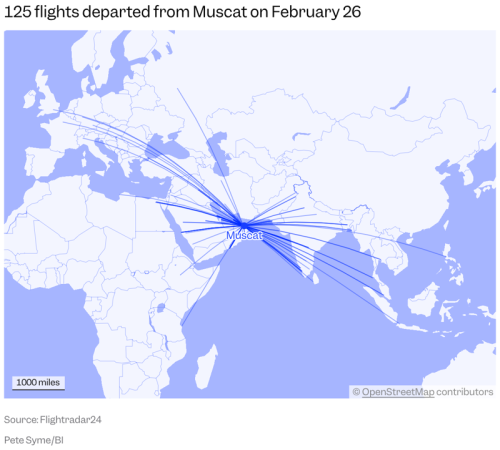 Maps show how Muscat became the center of Middle East air travel when the region's biggest airports closed