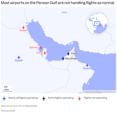 Confusion, cancellations, and U-turns as Middle East travel chaos looks set to last at least a week