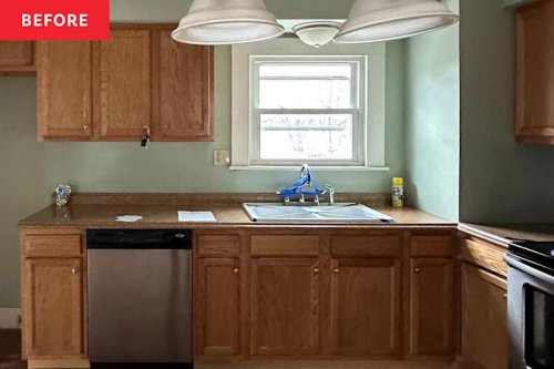 A 'dated' 2000s brown wood kitchen gets a bold, no reno refresh