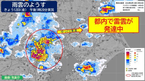 都内で雷雲が発達中! ゆっくり東へ流れる見込み レベル3大雨警報発表中