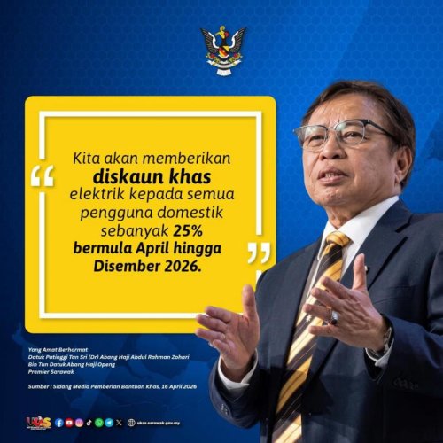 Sarawak provides 25% discount on electricity bills from April to December 2026