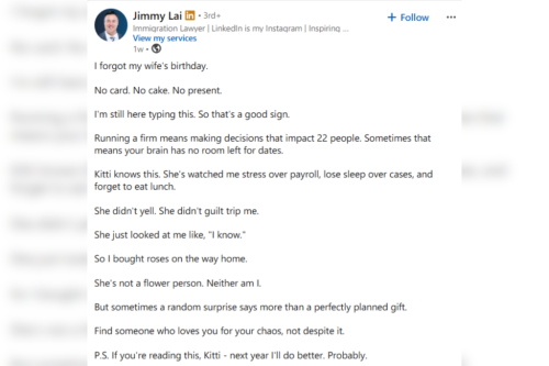 Lawyer&rsquo;s LinkedIn post about his wife goes viral for all the wrong reasons