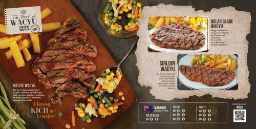1. Wagyu Steak, 2. Tenderloin Steak, 3. Sirloin Steak, 4. T-Bone Steak, 5. Rib Eye Steak, 6. Lamb Chop Steak, 7. Chicken Steak, 8. Fish Steak, 9. Kid's Menu, 10. Pasta, 11. Vegan Beef Steak, 12. Mix Beef Rice, Steak Lovers, Inilah 12 Menu Abuba Steak yang Paling Enak