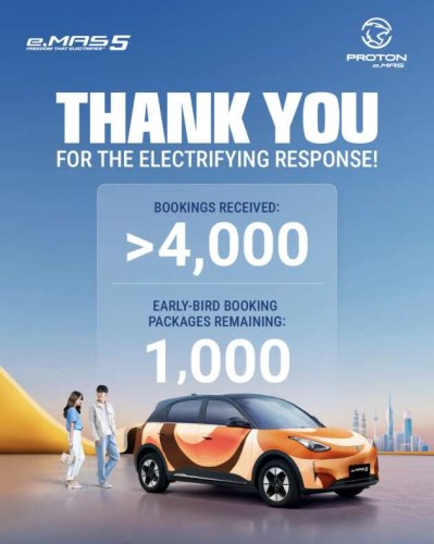 Proton eMas 5 amasses over 4,000 bookings, averaging 150 a day &ndash; 1,000 early-bird packages left