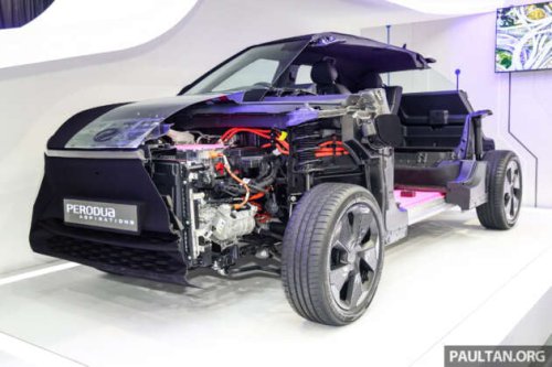 Perodua QV-E EV up close &ndash; 52.5 kWh LFP CATL battery, rear torsion beam, range around 385 km?